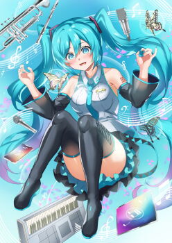 1girl aqua_eyes aqua_hair aqua_nails aqua_necktie aqua_trim arm_tattoo bare_shoulders black_skirt black_sleeves blush boots breasts bug butterfly collarbone commentary_request detached_sleeves floating flute full_body hair_between_eyes hair_ornament hatsune_miku highres insect instrument inue_ao long_hair long_sleeves medium_breasts microphone miniskirt musical_note musical_staff necktie number_tattoo open_mouth pleated_skirt shirt skirt sleeveless sleeveless_shirt smile solo tattoo thigh_boots trumpet twintails very_long_hair vocaloid white_butterfly white_shirt wide_sleeves