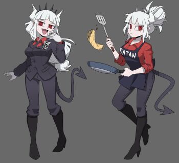 1girl :&lt; :d apron black_apron black_boots black_necktie black_suit boots breasts clothes_writing cocked_eyebrow collared_shirt demon_girl demon_horns demon_tail fang flowerpigeon food formal_clothes frying_pan gloves grey_background hair_bun hand_up helltaker high_heel_boots high_heels highres holding holding_frying_pan holding_spatula horns long_hair looking_at_viewer lucifer_(helltaker) mole mole_under_eye multiple_views necktie open_mouth pancake raised_inner_eyebrows red_eyes red_shirt shirt simple_background smile smug spatula suit tail white_gloves white_hair white_horns