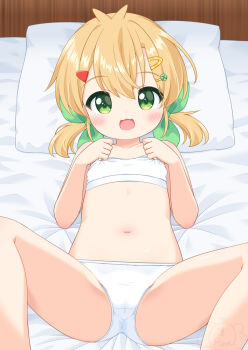 1girl antenna_hair bed_sheet blonde_hair bra cameltoe commentary_request flat_chest green_eyes green_ribbon hair_ornament hair_ribbon hairclip hao_(pila-pela) head_on_pillow loli looking_at_viewer lying medium_hair navel on_back on_bed open_mouth original panties pila-pela pillow ribbon smile solo spread_legs stomach training_bra twintails underwear underwear_only white_bra white_panties