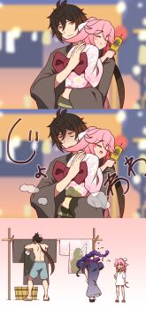 1boy 2girls absurdres aged_down anger_vein apologizing bedwetting black_hair brown_hair carrying carrying_person eating food genshin_impact geta hair_between_eyes hair_ribbon highres imtmcomics japanese_clothes kimono leaning_forward long_hair low_ponytail multiple_girls okobo open_mouth pee pink_hair platform_sandals ponytail purple_hair purple_kimono raiden_shogun ribbon sandals sleeping tofu yae_miko yellow_eyes yukata zhongli_(genshin_impact)