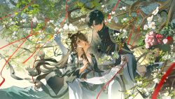 Rule 34 | 1boy, 1girl, absurdres, bird, black hair, branch, brown eyes, brown hair, chinese clothes, closed mouth, dress, flower, guaisanmu, hair flower, hair ornament, hanfu, highres, holding, long hair, long sleeves, looking at another, love and deepspace, short hair, shuangyaji, sitting, string, string of fate, very long hair, white flower, wide sleeves, zayne (love and deepspace)