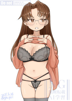 Rule 34 | 1girl, azumanga daiou, bra, breasts, brown eyes, brown hair, cleavage, clothes lift, go yasukuni, highres, large breasts, long hair, mizuhara koyomi, navel, shirt lift, simple background, thigh gap, thighhighs, thong, underwear, white background