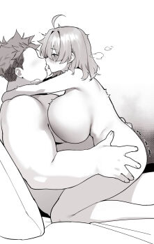 Rule 34 | 1boy, 1girl, absurdres, ahoge, bed sheet, blush, breasts, completely nude, couple, faceless, faceless male, fat, fat man, grabbing another's ass, greyscale, groping, highres, hug, huge breasts, mimyo, monochrome, nude, on bed, open mouth, original, saliva, saliva trail, sex, short hair, steam, straddling, tongue, tongue out, trembling, upright straddle