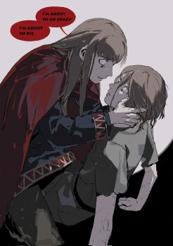 2boys canute cloak crazy_eyes english_text face-to-face grey_background hands_on_another&#039;s_head long_hair looking_at_another male_focus multiple_boys multiple_scars parted_lips phantomnotnot red_cloak scar scar_on_arm simple_background sitting sitting_on_person speech_bubble thorfinn vinland_saga wide-eyed