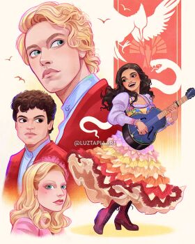 2boys 2girls artist_name blonde_hair blue_eyes boots brown_eyes brown_hair coriolanus_snow guitar high_heels highres holding holding_guitar holding_instrument instrument jacket long_hair lucy_gray_baird luztapiaart multiple_boys multiple_girls red_boots red_jacket sejanus_plinth short_hair the_hunger_games tigris_snow watermark