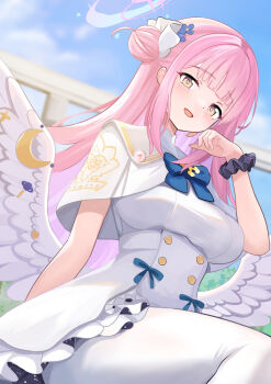 Rule 34 | 1girl, aisaka tisato, angel wings, black scrunchie, blue archive, blue bow, blush, bow, breasts, buttons, capelet, commentary request, crescent, double-breasted, double bun, feathered wings, flower, gold trim, hair bun, hair flower, hair ornament, halo, highres, long hair, looking at viewer, low wings, medium breasts, mika (blue archive), open mouth, outdoors, pink hair, pink halo, purple flower, scrunchie, single hair bun, single side bun, smile, solo, white capelet, white overskirt, white wings, wing ornament, wings, wrist scrunchie, yellow eyes