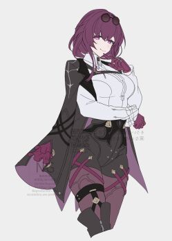 1girl absurdres black_jacket black_shorts boots breasts collared_shirt commentary cropped_legs eyewear_on_head gloves high-waist_shorts highres honkai:_star_rail honkai_(series) jacket jacket_on_shoulders kafka_(honkai:_star_rail) large_breasts merry-san pantyhose pinching purple_eyes purple_gloves purple_hair purple_pantyhose qr_code shirt shirt_tucked_in shorts simple_background single_thigh_boot smile solo sunglasses thigh_boots watermark white_background white_shirt