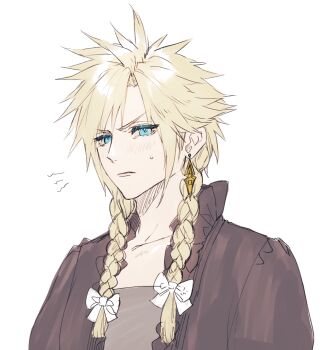 1boy ah_yoshimizu black_dress blonde_hair blue_eyes bow braid closed_mouth cloud_strife cloud_strife_(black_dress) collarbone commentary_request crossdressing crossdressing_(mtf) dress earrings final_fantasy final_fantasy_vii final_fantasy_vii_remake hair_bow highres jewelry light_blush low_twin_braids male_focus official_alternate_costume official_alternate_hairstyle simple_background solo spiked_hair stud_earrings sweatdrop twin_braids upper_body white_background