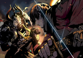 2boys adventurer_(ff14) aqua_eyes armor bad_id bad_pixiv_id battle beard black_hair blood blood_on_face blood_on_hands blurry blurry_background breastplate broken_armor cloud club3 commentary drawing_sword english_commentary facial_hair fighting_stance final_fantasy final_fantasy_xiv fire frown full_armor gauntlets glint graphite_(medium) helm helmet highres holding holding_sheath holding_sword holding_weapon horns japanese_clothes katana kimono long_sleeves male_focus multiple_boys pauldrons samurai_(final_fantasy) scarf scratches serious sheath short_hair shoulder_armor smoke sword traditional_media unsheathing warrior_of_light_(ff1) warrior_of_light_(ff14) weapon zenos_yae_galvus