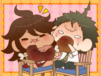 1boy 1girl ahoge bare_legs black_pants bone border brown_hair chair chewing chibi commentary_request crumbs danganronpa_(series) danganronpa_2:_goodbye_despair dark-skinned_female dark_skin eating eyelashes food furrowed_brow green_necktie happy hinata_hajime holding holding_food light_blush meat medium_hair messy_hair miniskirt necktie nervous nervous_sweating no_shoes on_chair orange_border outside_border owari_akane pants pink_background pleated_skirt pocket red_skirt shirt short_hair short_sleeves simple_background sitting skirt socks solid_oval_eyes sweat v-shaped_eyebrows white_eyes white_shirt white_socks yumaru_(marumarumaru)