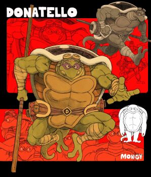 1boy aged_down arm_wrap aten_man bandages barefoot belt bo_staff broad_shoulders character_name clenched_teeth colored_skin donatello_(tmnt) eye_mask fewer_digits frown full_body goggles goggles_on_head green_skin highres holding holding_staff leg_wrap male_focus mask multiple_views muscular muscular_male ninja open_mouth outstretched_arm outstretched_hand purple_mask redesign single_letter smile staff tail teenage_mutant_ninja_turtles teeth turtle_boy turtle_shell v-shaped_eyebrows wide_back