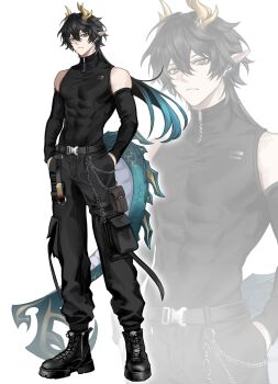 1boy abs alternate_costume belt black_hair bright_pupils chain dan_heng_(honkai:_star_rail) dan_heng_(permansor_terrae)_(honkai:_star_rail) detached_sleeves dragon_boy dragon_horns dragon_tail earrings eyeliner full_body gradient_hair green_eyes hands_in_pockets highres honkai:_star_rail honkai_(series) horns jewelry long_hair makeup male_focus multicolored_hair pants pointy_ears pouch ra_gi_ren scales shoes strap tail toned toned_male turtleneck white_background zipper