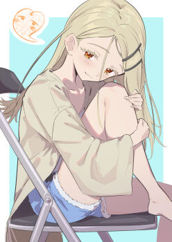1girl bare_legs barefoot blonde_hair blush chair colored_eyelashes commentary_request denim denim_shorts foot_out_of_frame gakuen_idolmaster gitai_(gitai_nofigure) heart highres hugging_own_leg idolmaster knee_up light_smile long_hair looking_at_viewer on_chair orange_eyes robe shinosawa_hiro short_shorts shorts sitting solo straight_hair white_robe
