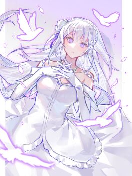 1girl bare_shoulders bird border braid breasts chicky7833 crown_braid dress elbow_gloves emilia_(re:zero) flower gloves hair_flower hair_ornament hair_ribbon hashtag-only_commentary highres interlocked_fingers jewelry long_hair looking_at_viewer medium_breasts own_hands_together parted_lips petals pointy_ears purple_background purple_eyes purple_ribbon re:zero_kara_hajimeru_isekai_seikatsu ribbon solo white_dress white_flower white_gloves white_hair x_hair_ornament