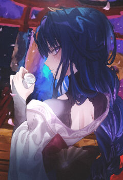 1girl back back_bow blush bow braid bridal_gauntlets cherry_blossoms closed_mouth clothing_cutout commentary cup falling_petals from_behind from_side genshin_impact glowing hair_ornament highres holding holding_cup japanese_clothes kangshi kimono long_braid looking_at_viewer looking_to_the_side multicolored_hair petals purple_eyes purple_hair purple_kimono raiden_shogun red_sash sash shoulder_cutout single_braid solo standing streaked_hair tree upper_body water wide_sleeves