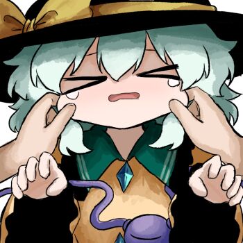 1girl 1other black_hat buttons cheek_pinching cheek_pull closed_eyes diamond_button eyeball frilled_shirt_collar frilled_sleeves frills green_hair hands_on_another&#039;s_cheeks hands_on_another&#039;s_face hat hat_ribbon heripantomorrow komeiji_koishi pinching pov pov_hands ribbon shirt tears third_eye touhou white_background wide_sleeves yellow_ribbon yellow_shirt
