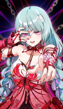 1girl bare_shoulders braid breasts chain code_geass commentary detached_sleeves dress earrings english_commentary fingernails foxyreine geass grey_hair halter_dress halterneck hand_up heterochromia highres jewelry lelouch_vi_britannia long_hair looking_at_viewer loose_bandages low_twin_braids medium_breasts nail_polish open_mouth phrolova_(wuthering_waves) pink_eyes pointing pointing_at_viewer pose_imitation red_dress red_nails signature single_detached_sleeve smile solo twin_braids upper_body watermark web_address wuthering_waves