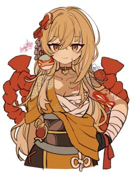 1girl alternate_hairstyle animal_print arm_tattoo artist_name bandaged_arm bandages belt black_gloves blonde_hair breasts brown_eyes brown_sash butterfly_choker butterfly_print chest_tattoo choker cleavage clenched_hand closed_mouth commentary cowboy_shot earrings fish_hair_ornament fish_tattoo floral_print flower_tattoo gem genshin_impact gloves hair_between_eyes hair_down hair_ornament hand_on_own_hip hand_up highres iwashi_(iwashi008) japanese_clothes jewelry kanzashi kimono large_breasts long_hair looking_at_viewer orange_kimono red_choker red_gem ribbon rope sarashi short_sleeves sidelocks simple_background single_bare_shoulder single_earring single_sleeve smile solo standing symbol-only_commentary tattoo watermark white_background white_ribbon yellow_belt yoimiya_(genshin_impact)