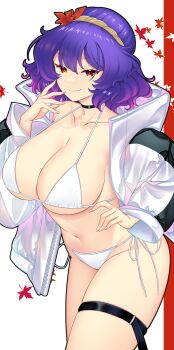 1girl bikini black_choker breasts chinese_zodiac choker cleavage closed_mouth collarbone curvy hand_up hataraki_kuma highres jacket large_breasts leaf looking_at_viewer maple_leaf open_clothes open_jacket plump purple_hair red_eyes short_hair smile solo swimsuit thigh_strap thighs touhou white_bikini white_jacket yasaka_kanako year_of_the_snake