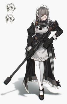 1girl ammunition_pouch anti-materiel_rifle apron black_dress black_footwear camera chibi double-parted_bangs dress frills frown gloves green_eyes gun highres holster keycard looking_to_the_side maid maid_apron maid_headdress mole mole_under_eye nilzynox original pouch reloading rifle rigging round_eyewear sniper_rifle solo thighhighs weapon white_background white_thighhighs wrist_cuffs