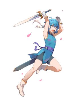 1girl absurdres ahoge arms_up attack bare_legs belt bike_shorts blue_hair boots brooch cherry_blossoms child commission commissioner_upload earrings fire_emblem fire_emblem:_genealogy_of_the_holy_war gloves headband highres holding holding_sword holding_weapon if_they_mated jewelry larcei_(fire_emblem) nintendo open_mouth original pelvic_curtain purple_eyes seliph_(fire_emblem) sheath short_hair sidelocks simple_background sleeveless solo sword tomboy tunic weapon white_background white_headband yusi_vishnu