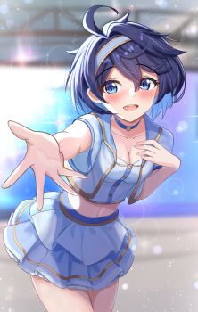 Rule 34 | 1girl, absurdres, blue choker, blue eyes, blue hair, blush, breasts, choker, crop top, fj hatsu, hand on own chest, headband, highres, layered skirt, looking at viewer, medium breasts, open clothes, open mouth, open vest, outstretched hand, princess connect!, sheffy (princess connect!), sheffy (real) (princess connect!), short hair, short sleeves, skirt, slit pupils, smile, teeth, upper teeth only, vest
