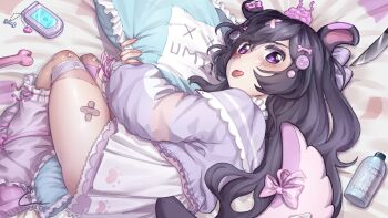 Rule 34 | 1girl, 2025, animal ears, artist name, bandages, black hair, blush, bone, cellphone, chiia, dog ears, dog girl, holding, holding pillow, indie virtual youtuber, looking to the side, lying, on side, patchumi, phone, pillow, purple eyes, shampoo bottle, solo, thighs, tongue, tongue out, zombie girl