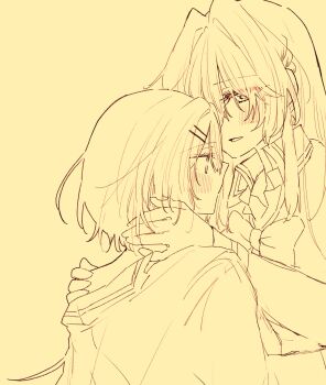 Rule 34 | 2girls, amaori renako, ao (aymr6215), ashigaya high school uniform, blush, bow, bowtie, collared shirt, commentary, ear blush, hand on another's neck, hand on another's shoulder, highres, long hair, medium hair, monochrome, multiple girls, ouzuka mai, parted lips, school uniform, shirt, smile, unfinished, upper body, watashi ga koibito ni nareru wake naijan murimuri!, yuri