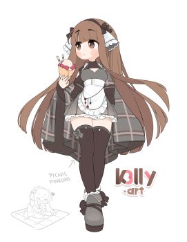 1girl absurdres angelica_(k3lly) apron arrow_(symbol) artist_name back_bow black_bow black_hairband black_sleeves black_thighhighs blush_stickers boots bow breasts brown_hair chibi chibi_inset coat commentary dress english_commentary footwear_bow frilled_apron frilled_dress frilled_hair_tubes frills green_boots green_bow green_dress hair_tubes hairband heart highres holding holding_ice_cream_cone ice_cream_cone k3lly long_hair looking_to_the_side medium_breasts open_clothes open_coat open_mouth original picnic_blanket plaid_clothes plaid_coat simple_background straight_hair thighhighs watermark white_background