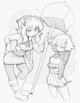 2girls ^^^ anger_vein angry annoyed arm_at_side arm_under_breasts bag belt blush boots breast_pocket breasts closed_mouth cocked_eyebrow colored_tips commentary cropped_jacket cropped_legs drawstring drumsticks english_commentary eyebrows_hidden_by_hair freckles frown fuksunny full_body furrowed_brow goggles goggles_on_head greyscale hair_flaps hammer hand_on_own_hip hand_up handbag highres holding holding_drumsticks holding_hammer holding_own_arm hood hood_down hooded_jacket huge_weapon invisible_floor jacket jitome kim_pine knee_boots knees_apart_feet_together layered_clothes leaning_back leaning_forward leaning_on_weapon long_eyelashes long_sidelocks long_sleeves looking_at_viewer looking_to_the_side medium_breasts medium_hair miniskirt monochrome motion_lines multicolored_hair multicolored_jacket multiple_girls narrowed_eyes no_pupils no_sclera open_clothes open_jacket open_mouth pantyhose pleated_skirt pocket raised_eyebrow ramona_flowers scott_pilgrim_(comics) scott_pilgrim_(series) short_hair sidelocks skirt solid_eyes spiked_hair standing striped_blush striped_clothes striped_jacket swept_bangs thick_eyelashes thighs tight_clothes turtleneck turtleneck_jacket two-tone_jacket v-shaped_eyebrows weapon white_background wide_hips zipper zipper_pull_tab