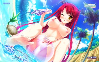 1girl ;o ball barefoot beach beachball bikini blush breasts cloud coconut coconut_tree covering_privates day dutch_angle feet female_focus fisheye highres holding holding_panties holding_swimsuit holding_underwear holding_unworn_clothes large_breasts legs light_rays luce_yami_asutarite magical_marriage_lunatics!! nipples ocean one_eye_closed outdoors palm_tree panties partially_submerged print_bikini red_hair sky soles solo spread_legs sunbeam sunlight swimsuit thighs toes tree underwear unworn_bikini unworn_bikini_bottom unworn_bikini_top unworn_clothes unworn_swimsuit wardrobe_malfunction water wet wink yamakaze_ran yellow_eyes