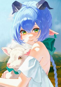 1girl absurdres animal_ears bare_shoulders black_horns blue_hair closed_mouth commentary crossed_bangs earrings goat goat_ears goat_girl goat_horns green_eyes hair_between_eyes highres horizontal_pupils horns jewelry long_hair looking_at_viewer lucia_elowen off-shoulder_shirt off_shoulder pointy_ears shirt shoulder_blades smile upper_body white_shirt yamisroot zenless_zone_zero