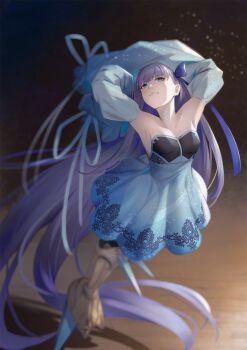 1girl armpits arms_up bare_shoulders blue_dress blue_eyes blue_ribbon blush breasts detached_sleeves dress fate/grand_order fate_(series) full_body hair_ribbon highres long_hair meltryllis_(fate) nakaga_eri prosthesis prosthetic_leg purple_hair ribbon sleeves_past_fingers sleeves_past_wrists small_breasts solo very_long_hair