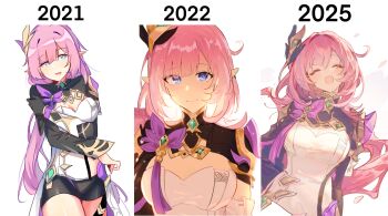 1girl 2021 2022 2025 absurdres artist_progress black_shorts blue_eyes breasts cleavage corset elf elysia_(honkai_impact) elysia_(miss_pink_elf)_(honkai_impact) hair_ornament highres honkai_(series) honkai_impact_3rd large_breasts mengaijiang924 multiple_views pink_hair pointy_ears short_shorts shorts shrug_(clothing) simple_background smile white_background white_corset