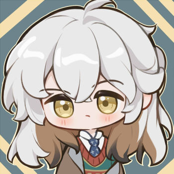 Rule 34 | 1other, :/, ahoge, ai chi guobaoyou, blue necktie, blush, brown hair, brown jacket, chibi, collared shirt, colored inner hair, green vest, grey background, highres, jacket, looking at viewer, medicine pocket, medicine pocket (the cosmos photographer), medium hair, multicolored hair, necktie, official alternate costume, reverse:1999, shirt, solo, sweater vest, upper body, vest, white hair, white shirt, yellow eyes