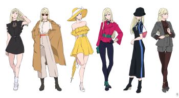 Rule 34 | 1girl, absurdres, anklet, arms behind back, bag, bare shoulders, black boots, black dress, black gloves, black hat, black pantyhose, black ribbon, blonde hair, blue eyes, boots, bow, breasts, brown coat, brown pantyhose, brown shirt, closed umbrella, coat, collared dress, commentary request, dress, earrings, frilled shirt collar, frilled sleeves, frills, full body, gigi andalusia, gloves, gold anklet, gold earrings, gold necklace, green bag, grey jacket, grey pants, grey shoes, grey shorts, gundam, gundam hathaway's flash, half updo, hand in own hair, hand on own hip, handbag, hat, hat bow, hat over eyes, highres, holding, holding umbrella, jacket, jewelry, long coat, long dress, long hair, medium breasts, multiple views, neck ribbon, necklace, off-shoulder dress, off shoulder, official alternate costume, open clothes, open coat, pants, pantyhose, pink bag, pink jacket, pink lips, puffy short sleeves, puffy sleeves, ribbon, shibukawa daisuke, shirt, shoes, short dress, short sleeves, shorts, shoulder bag, socks, solo, standing, standing on one leg, straight hair, suit jacket, sun hat, sunglasses, umbrella, updo, white background, white shirt, white shoes, white socks, yellow dress, yellow hat