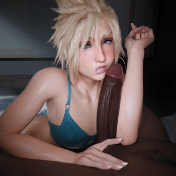 Rule 34 | 2boys, 3d, blonde hair, blue bra, blue eyes, bra, cloud strife, crossdressing, crossdressing (mtf), dark-skinned male, dark skin, earrings, final fantasy, jewelry, large penis, lingerie, lips, male focus, multiple boys, navel hair, nv3d, penis, penis on face, short hair, trap, underwear, yaoi