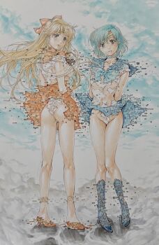 2girls absurdres aino_minako areola_slip arms_behind_back ass bishoujo_senshi_sailor_moon blue_boots blue_choker blue_eyes blue_hair blue_sailor_collar blue_skirt blush boots bow breasts cameltoe choker collarbone commentary_request dissolving_clothes full_body glitch groin hair_bow high_heel_boots high_heels highres katsu_(24791909) leotard long_hair looking_at_viewer looking_back marker_(medium) mizuno_ami multiple_girls orange_bow orange_sailor_collar orange_shoes orange_skirt parted_lips sailor_collar sailor_mercury sailor_venus shoes skirt small_breasts standing traditional_media white_leotard