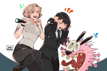 2girls animal_ears animal_hands artist_name black_hair black_necktie black_pants blazer blonde_hair breasts chainsaw_man clenched_hands closed_eyes courage_(character) courage_the_cowardly_dog dog dog_ears dog_paws flashlight grace_ashcroft higashiyama_kobeni highres holding holding_flashlight jacket kamii_momoru long_sleeves long_tongue md5_mismatch medium_breasts multiple_girls necktie open_mouth pants pink_fur resident_evil resident_evil_requiem resolution_mismatch shirt short_hair short_sleeves source_smaller standing standing_on_one_leg swept_bangs teeth tongue tongue_out toon_(style) trait_connection upper_teeth_only white_shirt wide-eyed