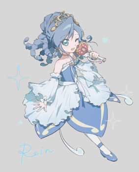 1girl ;d absurdres aqua_eyes bare_shoulders blue_dress blue_flower blue_hair blue_shoes blue_sleeves blush character_name choker collarbone commentary cursive dress dress_ribbon earrings flower four-pointed_star frilled_dress frilled_sleeves frills full_body fushigiboshi_no_futago_hime fushigiboshi_no_futago_hime_gyu gold_choker gold_earrings gold_tiara grey_background hair_between_eyes hair_ornament heart heart_wand high_heels highres hime_lolita holding holding_wand jewelry kitten_heels layered_dress lolita_fashion long_hair looking_at_viewer magical_girl nrk_(user_epnw5554) off-shoulder_dress off_shoulder one_eye_closed open_mouth pantyhose parted_bangs rein_(futagohime) rein_(universal_princess)_(futagohime) ribbon ringlets shoes simple_background smile solo star_(symbol) star_earrings star_hair_ornament strapless strapless_dress strappy_heels tiara wand white_pantyhose white_ribbon wide_sleeves wrist_flower