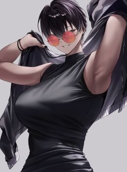 1girl absurdres armpits black_hair black_jacket black_nails black_shirt breasts commentary glasses hair_between_eyes highres jacket jewelry large_breasts may_(ulularts) multicolored_hair necklace orange-framed_eyewear original round_eyewear shirt short_hair smile solo streaked_hair symbol-only_commentary teeth ulularts white_hair