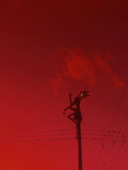 1boy alastor_(hazbin_hotel) animal_ears antlers commentary_request deer_ears grin hand_up hazbin_hotel hellaverse highres horns horror_(theme) mebi_(mb_hzbn) red_eyes sitting smile solo teeth utility_pole