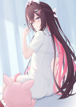 1girl :q absurdres alternate_costume ass azki_(hololive) black_bra black_hair black_panties blurry blurry_background bra bra_visible_through_clothes braid collared_dress colored_inner_hair commentary_request double-parted_bangs dress from_behind hair_between_eyes hair_intakes hair_ornament hairclip half_up_half_down_braid hand_up hat highres holding holding_syringe hololive indoors long_hair looking_at_viewer looking_back multicolored_hair nurse nurse_cap panties panties_visible_through_clothes pink_hair pioneer_(azki) purple_eyes seriponpoyon short_sleeves sitting solo streaked_hair syringe tongue tongue_out underwear very_long_hair virtual_youtuber white_dress white_hair