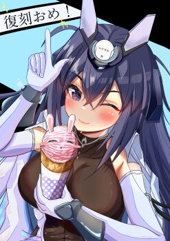 Rule 34 | 1girl, ;3, absurdres, azur lane, blue eyes, blue hair, breasts, commentary request, elbow gloves, gloves, headgear, highres, holding, large breasts, long hair, looking at viewer, mizudaru, new jersey (azur lane), one eye closed, solo, upper body, very long hair, white gloves