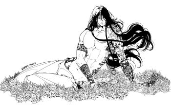 Rule 34 | 1boy, arm tattoo, closed mouth, dated, flower tattoo, full body, greyscale, hair between eyes, highres, long hair, male focus, monochrome, muscular, nipples, norei 0, original, pectorals, reclining, signature, solo, tattoo, topless male, white background