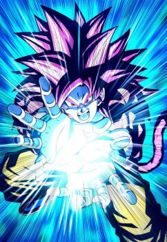 1boy blue_background clenched_hands dragon_ball dragon_ball_daima foot_out_of_frame hashtag-only_commentary long_hair looking_at_viewer male_focus monkey_tail motion_lines muscular muscular_male open_mouth orange_pants pants red_eyes red_fur red_hair red_tail smirk solo son_goku speed_lines spiked_hair standing super_saiyan super_saiyan_4 taidon0879 tail topless_male