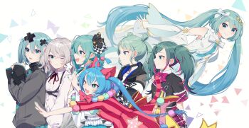 25-ji_miku 6+girls ahoge animal_ear_fluff animal_ears aqua_eyes aqua_hair aqua_nails batsu_miku black_choker blush bow cat_ears checkered_bow checkered_clothes choker clown commentary detached_sleeves double_bun dress green_eyes grey_hair grey_jacket hair_between_eyes hair_bow hair_bun hair_ornament hair_over_one_eye hatsune_miku highres hiramado_miku jacket kowareta_sekai_to_utaenai_miku leo/need_miku long_hair long_sleeves looking_at_another looking_at_viewer miku_day mitsumine_(ookami_no_oyashiro) more_more_jump!_miku multiple_girls official_alternate_costume official_alternate_hairstyle open_mouth project_sekai red_bow red_dress school_uniform shirt short_sleeves sleeveless sleeveless_dress smile spoilers symbol-only_commentary turtleneck turtleneck_jacket twintails very_long_hair vivid_bad_squad_miku vocaloid white_bow white_shirt wide_sleeves wonderlands_x_showtime_miku x_hair_ornament