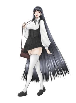 100-series 1girl absurdres bag black_hair black_shoes black_skirt blunt_bangs breasts center_frills commentary_request frilled_shirt frills full_body handbag high-waist_skirt highres hime_cut lips long_hair medium_breasts original penny_loafers shirt shoes simple_background skirt solo sososokami thighhighs very_long_hair virgin_killer_outfit walking white_thighhighs