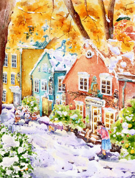 1girl absurdres autumn black_hair black_shoes blue_skirt building cat colorful commentary_request from_side highres long_sleeves muyi_(rmkr5237) original pink_shirt scenery shirt shoes skirt slice_of_life snow solo standing town tree wide_shot