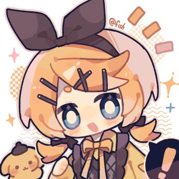 1girl argyle_clothes argyle_vest artist_name blonde_hair blue_eyes blush_stickers border bow bowtie bright_pupils brown_bow brown_hairband brown_vest chibi chinese_commentary clenched_hand collared_shirt commentary_request dog frilled_jacket frills hair_bow hair_ornament hairband hairclip happy headscarf jacket kagamine_rin long_hair long_sleeves looking_at_viewer low_twintails multiple_hair_bows open_clothes open_jacket open_mouth orange_border parallel_hairclips pompompurin puffy_long_sleeves puffy_sleeves sanrio shirt short_twintails smile solo sparkle sweater_vest twintails v-neck vest vocaloid white_background white_headscarf white_pupils x_hair_ornament xianyu_fish yellow_bow yellow_bowtie yellow_jacket yellow_shirt